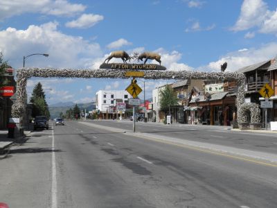 Main Street, Afton Wyoming, with the elk antler bridge