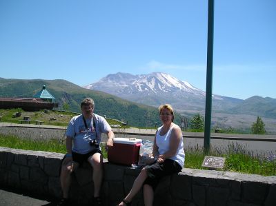 Dorte and I having lunch with Mount Saint Helens in the background