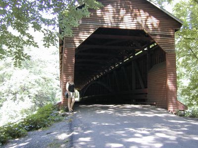 Dorte outside Meem's Bottom Covered Bridge