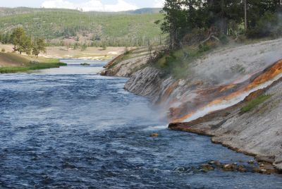 200 degree F water from Excelsior Geysir runs into the Firehole River.